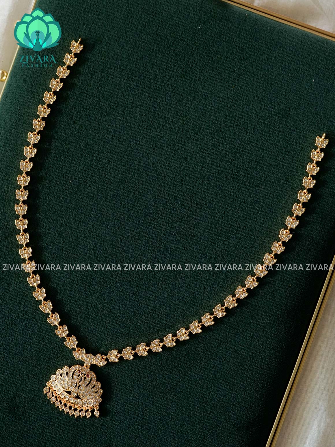 AMBIGAI -   WHITE STONE  MICROGOLD POLISH LONG HAARAM   -Traditional south indian premium HAARAM- Zivara Fashion- latest jewellery design