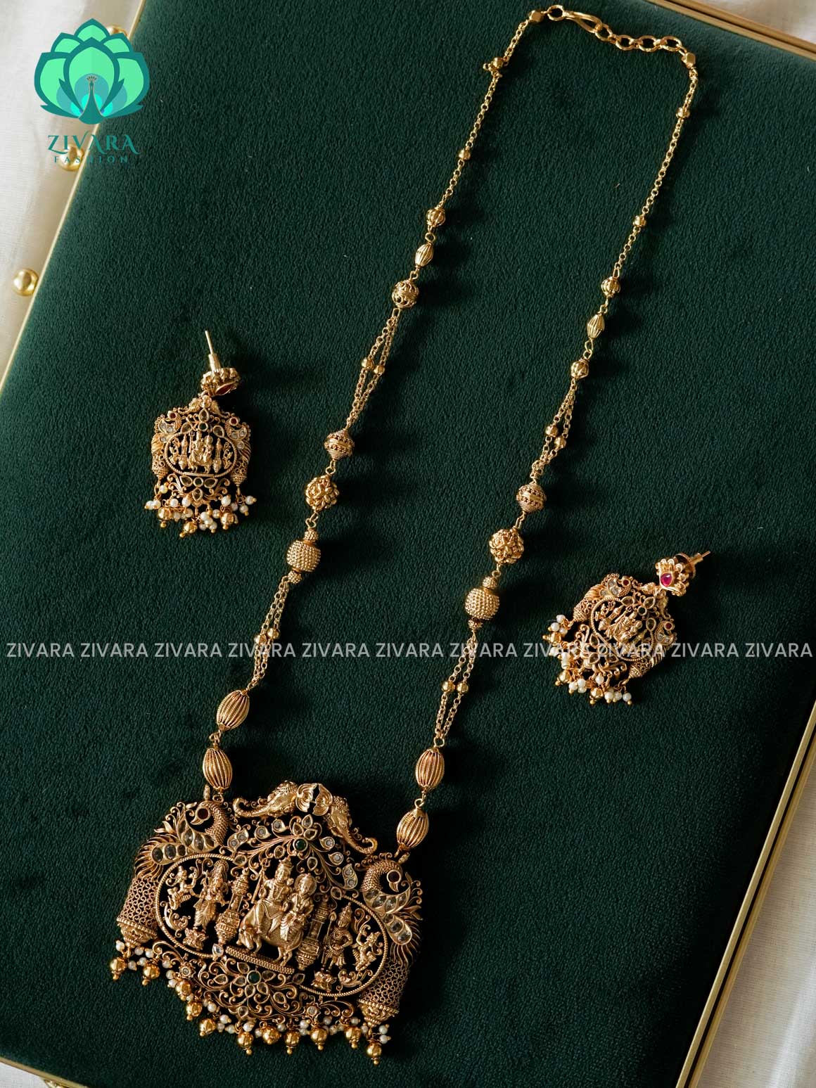 SIVAN PARVATHI TEMPLE  BRIDAL HAARAM  WITH HANGING - Traditional PREMIUM MATTE polish MIDCHEST haaram/neckwear with earrings- Zivara Fashion