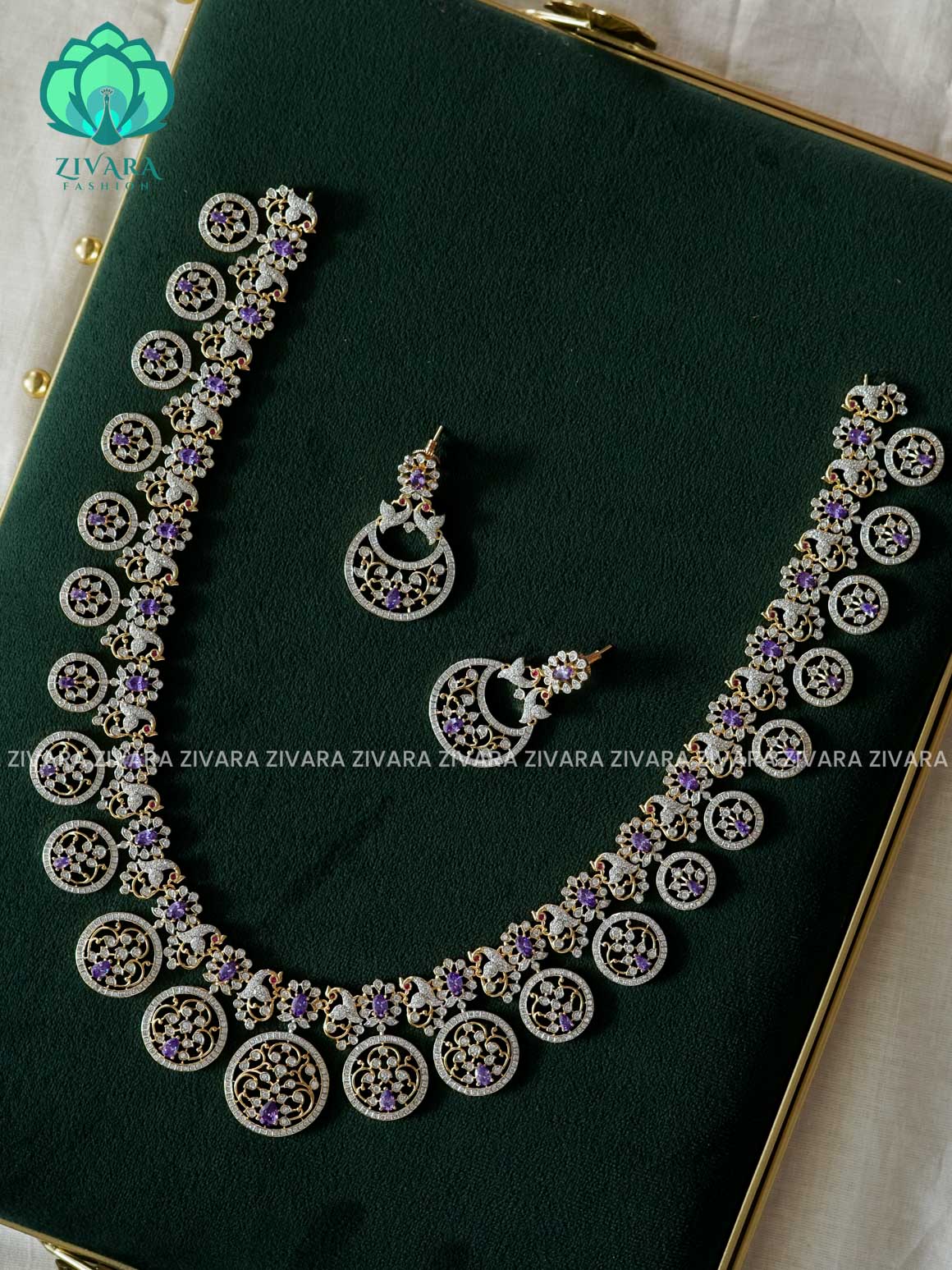 BRIDAL  AD STONE FLOWER  ELEGANT MIDCHEST/HAARAM  -  BRIGHT FINISH ELEGANT MIDCHEST haaram/neckwear with earrings- Zivara fashion