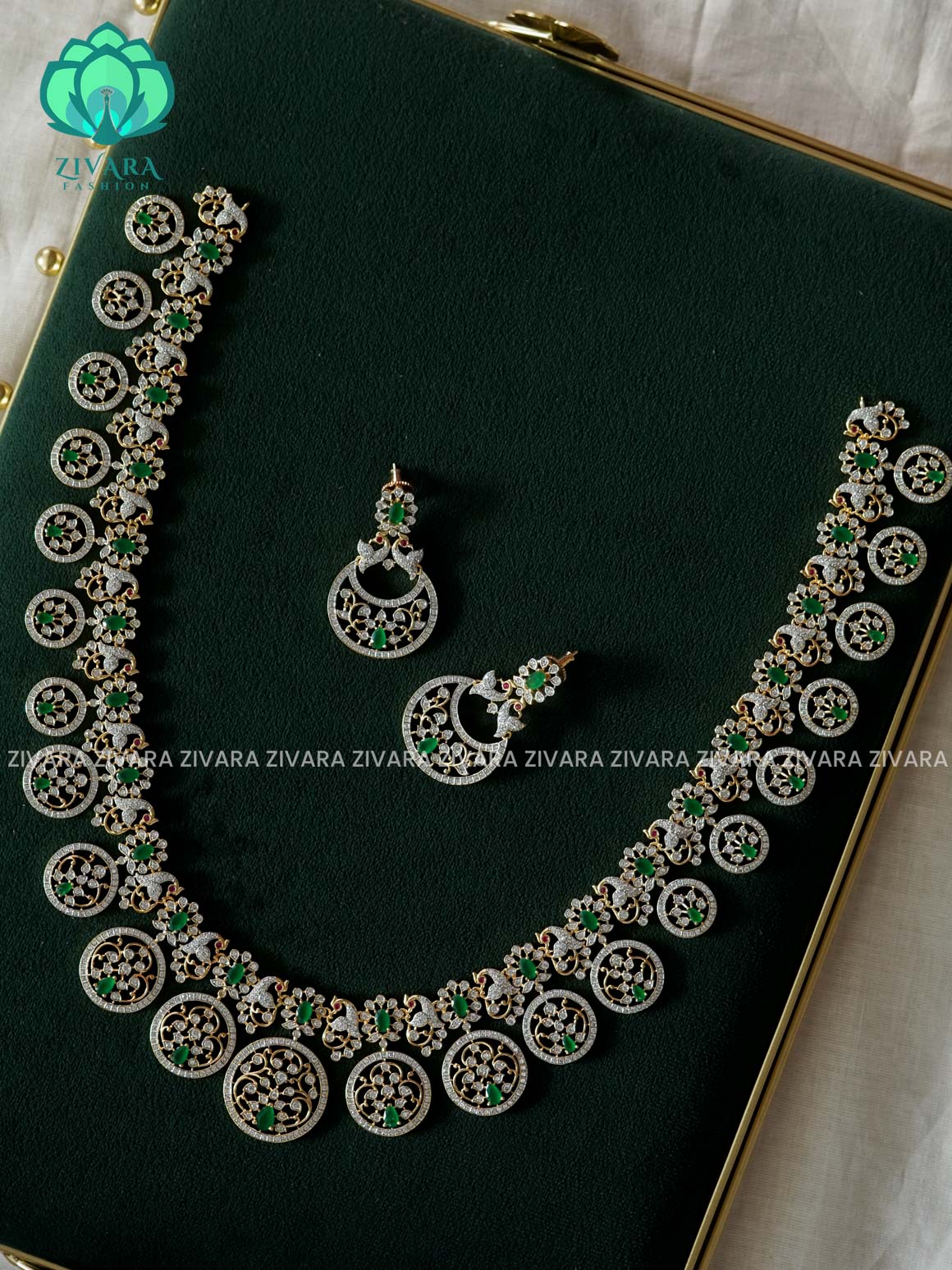 BRIDAL  AD STONE FLOWER  ELEGANT MIDCHEST/HAARAM  -  BRIGHT FINISH ELEGANT MIDCHEST haaram/neckwear with earrings- Zivara fashion