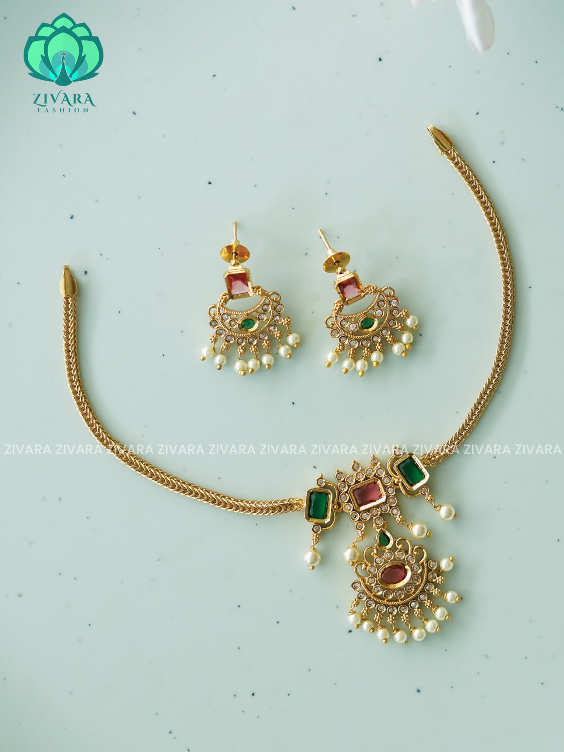 RUBY and GREEN  - SMALL PENDANT Flexible chain and STONE  pendant -Traditional south indian premium neckwear with earrings- Zivara Fashion- latest jewellery design