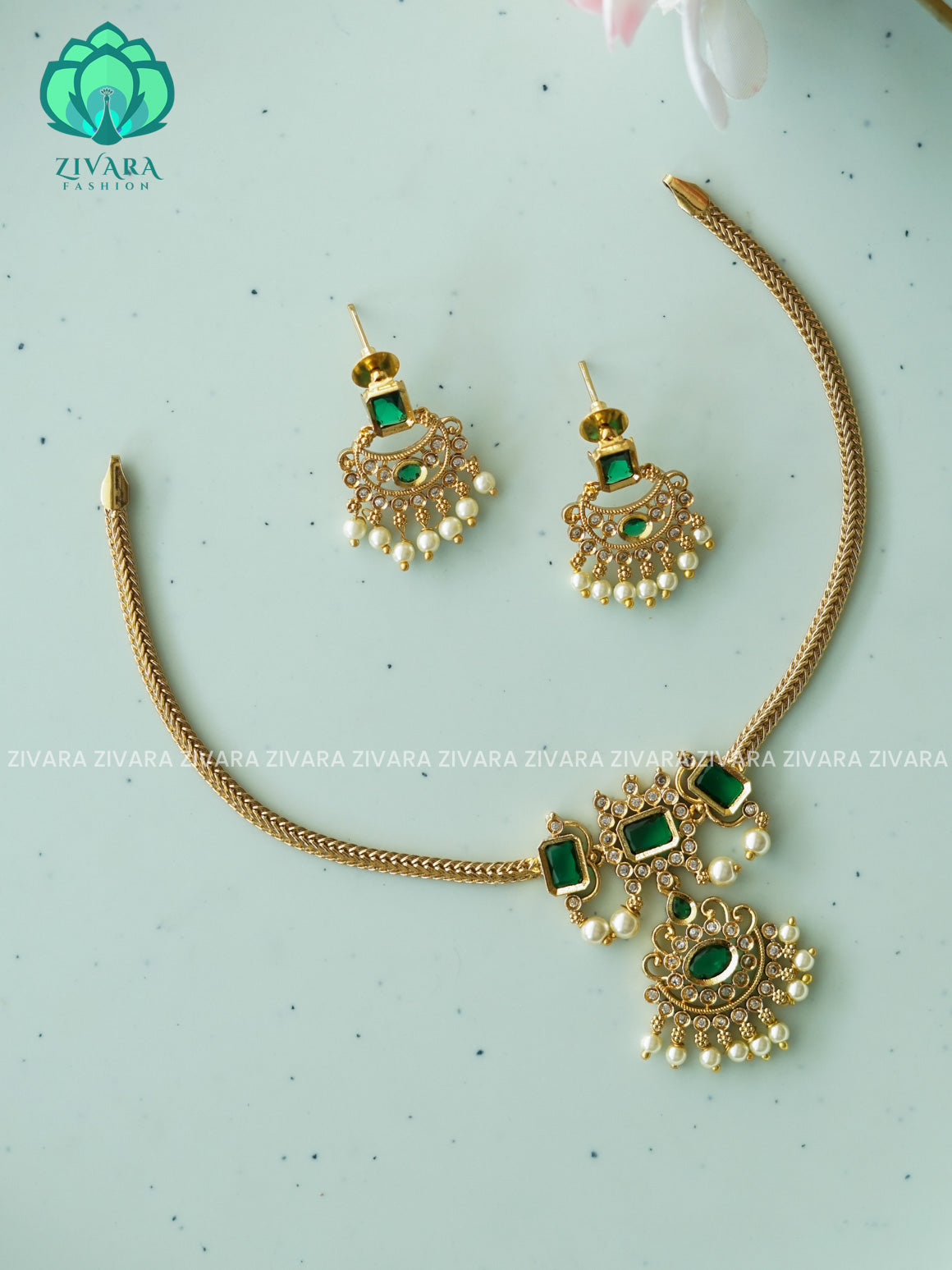 GREEN  - SMALL PENDANT Flexible chain and STONE  pendant -Traditional south indian premium neckwear with earrings- Zivara Fashion- latest jewellery design