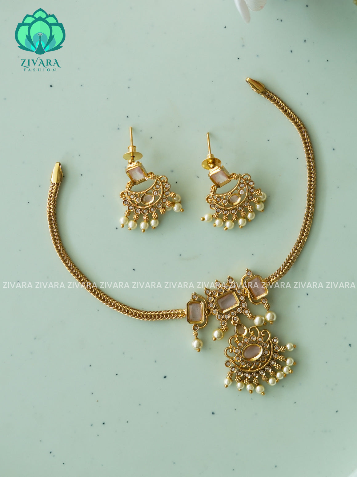 PINK - SMALL PENDANT Flexible chain and STONE  pendant -Traditional south indian premium neckwear with earrings- Zivara Fashion- latest jewellery design