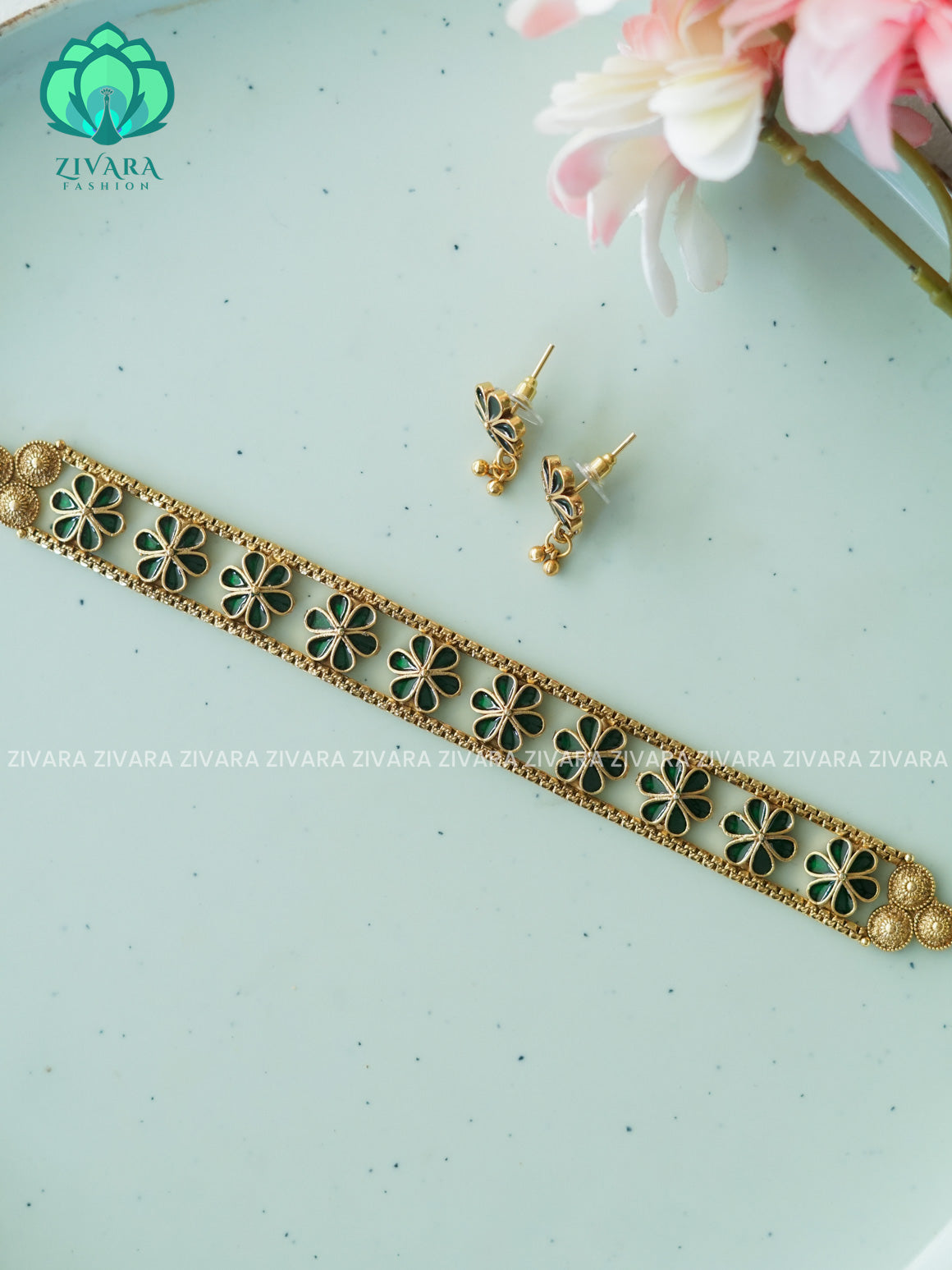 Green FLOWER Palakkad NORMAL MATTE choker with earrings-latest south indian jewellery