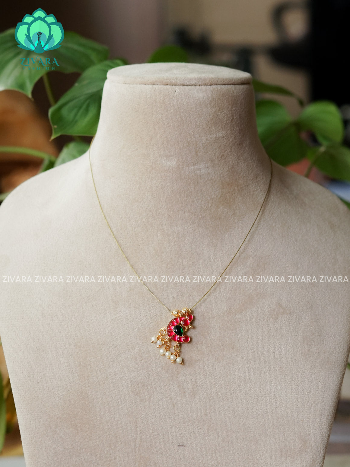 PINK AND GREEN - LONG PEACOCK TAMARA - INVISIBLE MINIMAL ELEGANT HANDMADE NECKLACE WITH BRILLIANT FINISH MOTIFS- ZIVARA FASHION