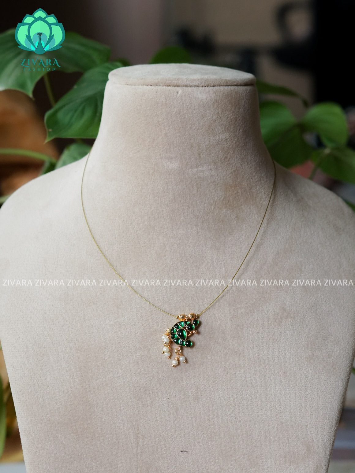 GREEN - LONG PEACOCK TAMARA - INVISIBLE MINIMAL ELEGANT HANDMADE NECKLACE WITH BRILLIANT FINISH MOTIFS- ZIVARA FASHION