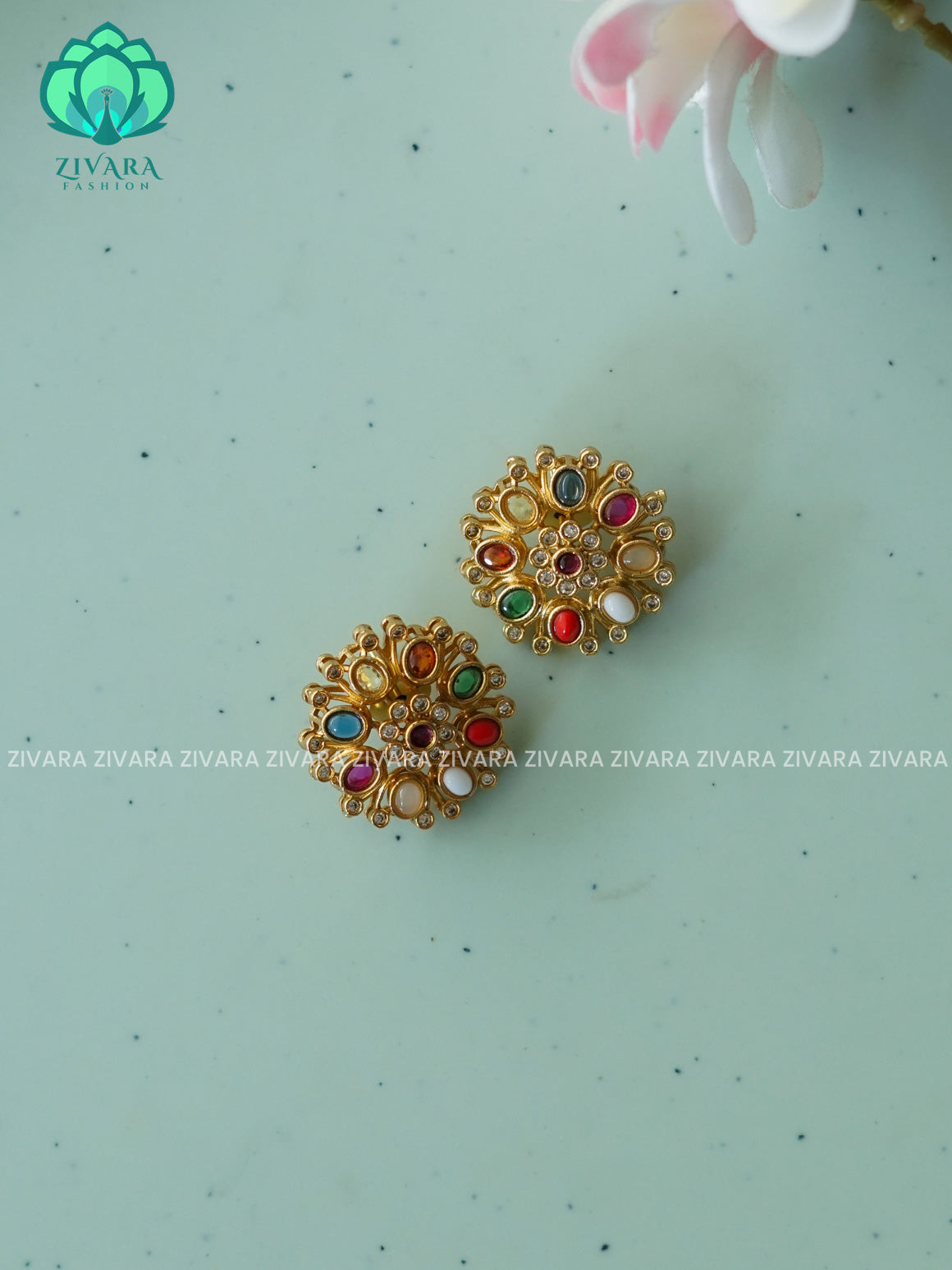 NAVARATNA FLOWER  STUD - latest jewellery collection- zivara fashion