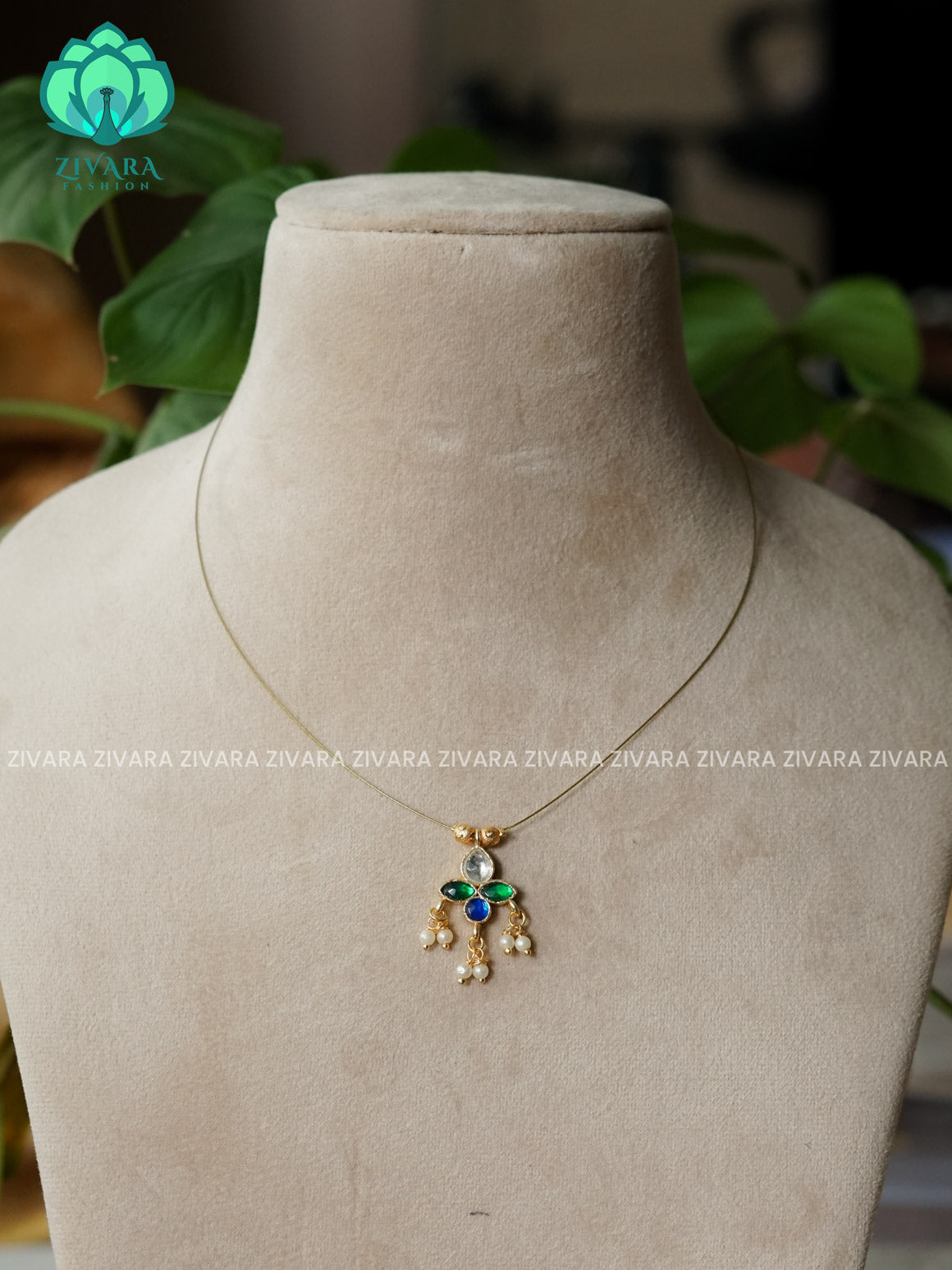 BLUE GREEN AND WHITE - FLOWER JADAU TAMARA - INVISIBLE MINIMAL ELEGANT HANDMADE NECKLACE WITH BRILLIANT FINISH MOTIFS- ZIVARA FASHION