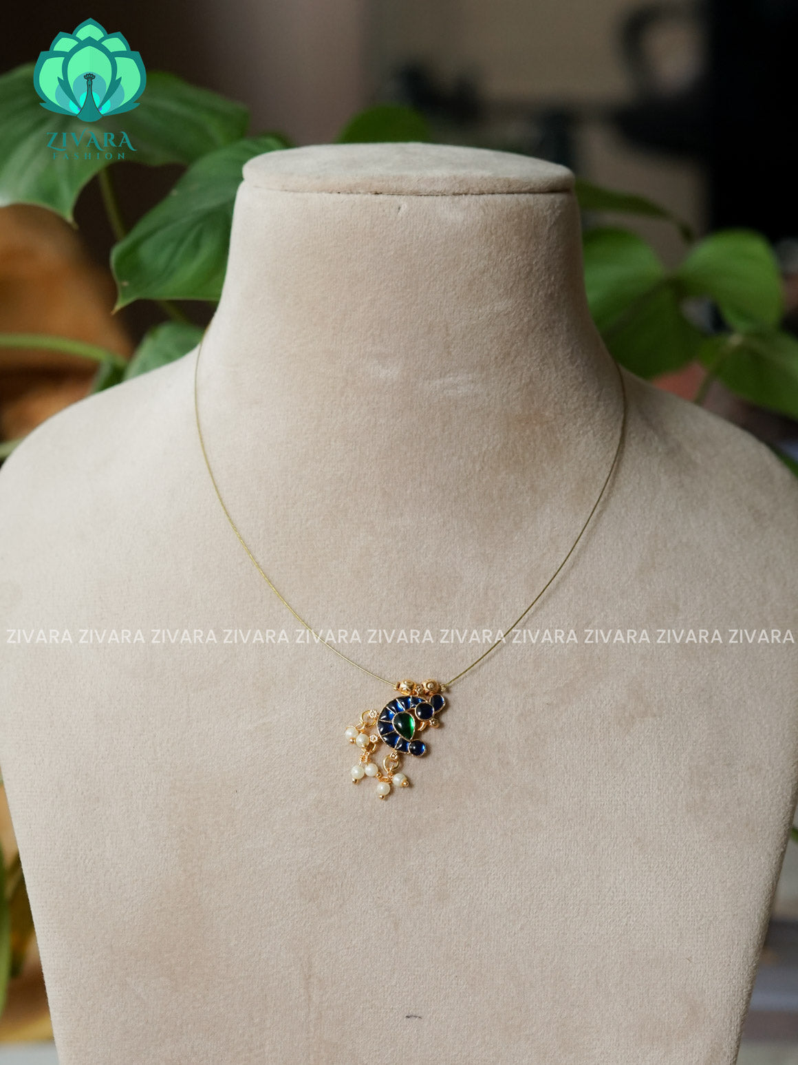 BLUE AND GREEN - LONG PEACOCK TAMARA - INVISIBLE MINIMAL ELEGANT HANDMADE NECKLACE WITH BRILLIANT FINISH MOTIFS- ZIVARA FASHION