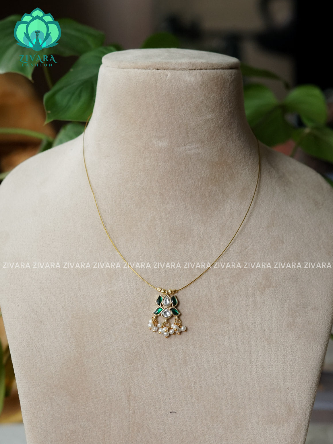 GREEN LOTUS - TAMARA - INVISIBLE MINIMAL ELEGANT HANDMADE NECKLACE WITH BRILLIANT FINISH MOTIFS- ZIVARA FASHION