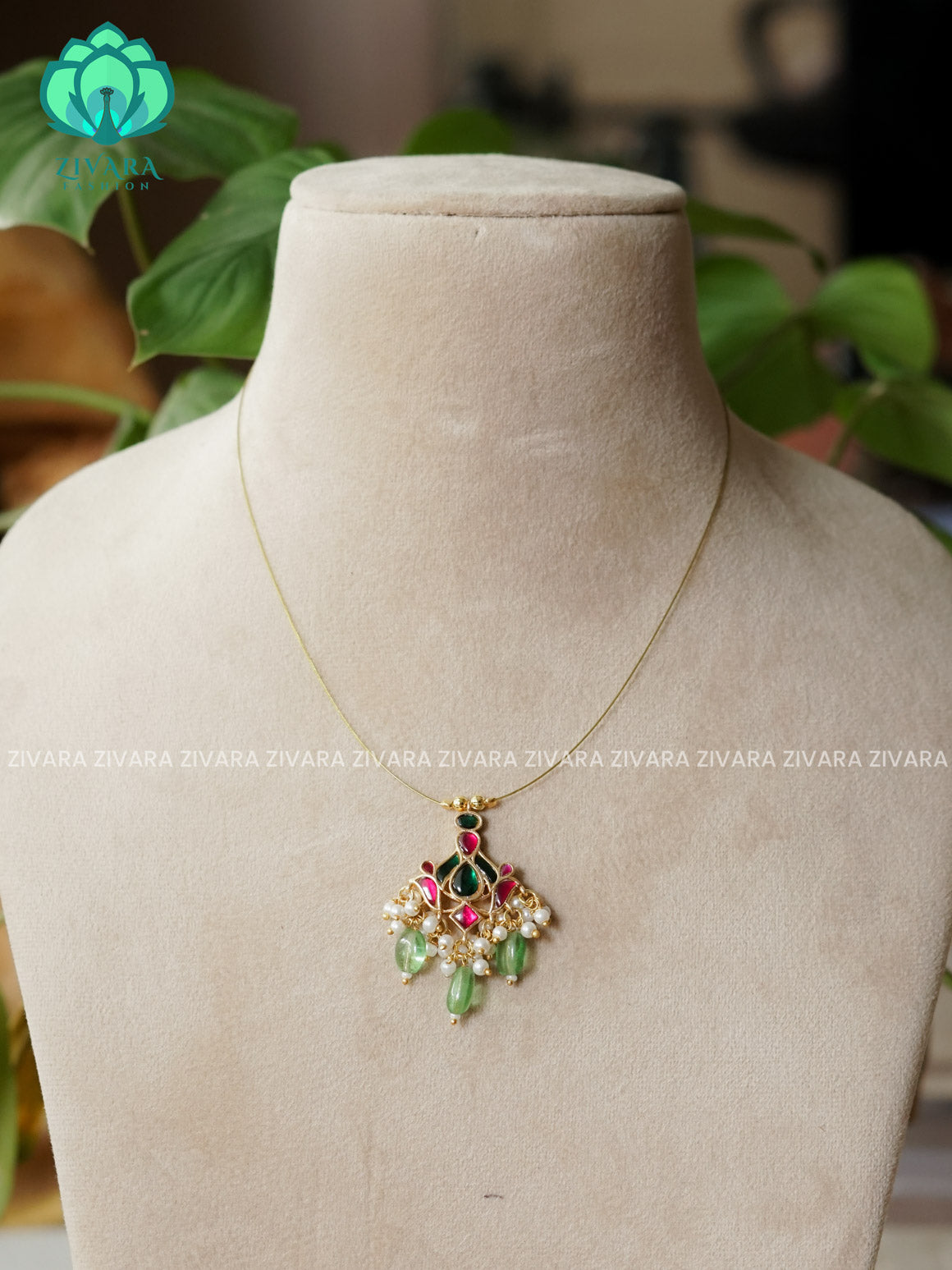 PINK AND GREEN - FLOWER JADAU TAMARA - INVISIBLE MINIMAL ELEGANT HANDMADE NECKLACE WITH BRILLIANT FINISH MOTIFS- ZIVARA FASHION