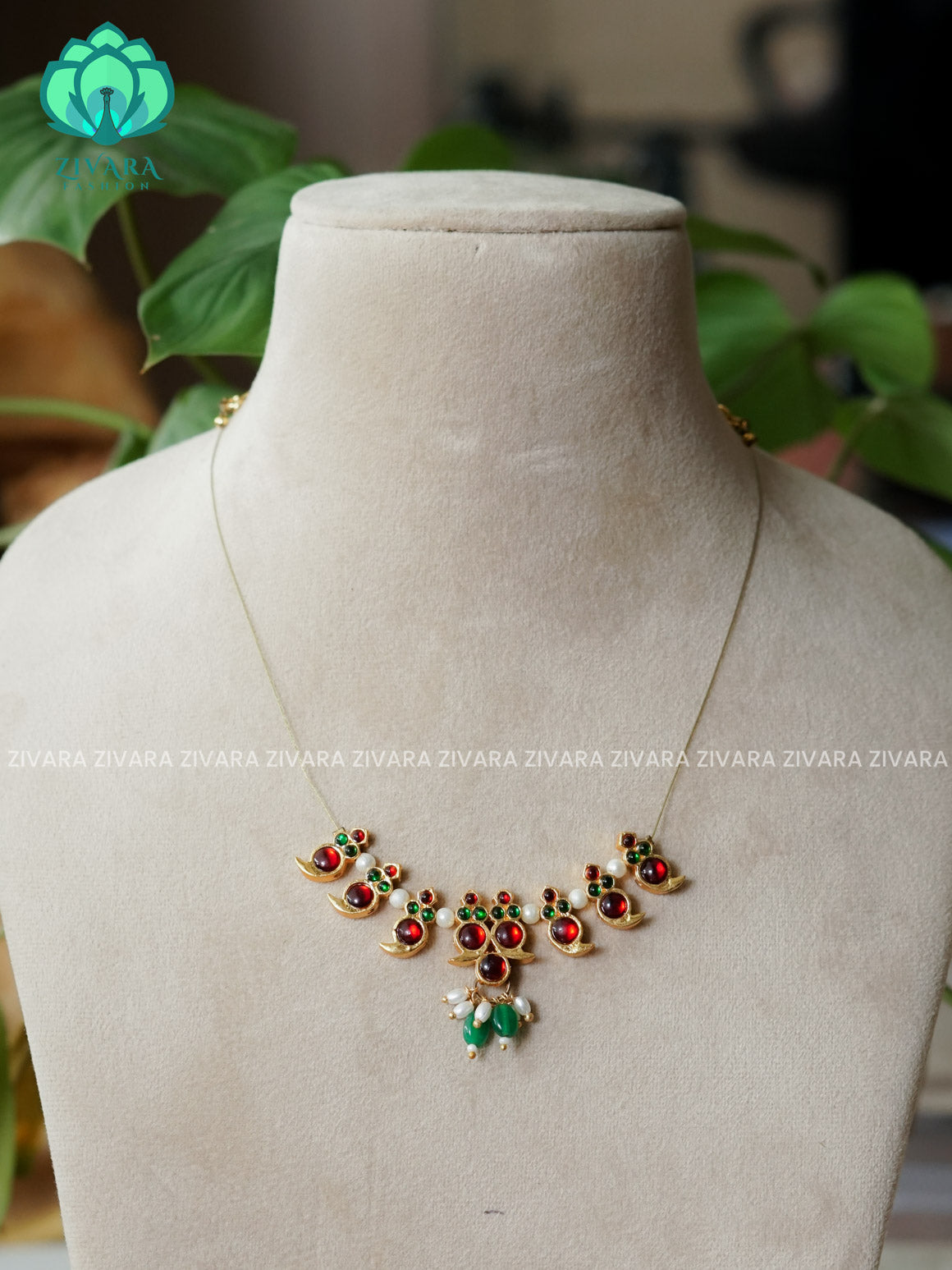 RED GREEN - MALINI- KEMP  TAMARA INVISIBLE MINIMAL ELEGANT HANDMADE NECKLACE WITH BRILLIANT FINISH MOTIFS- ZIVARA FASHION