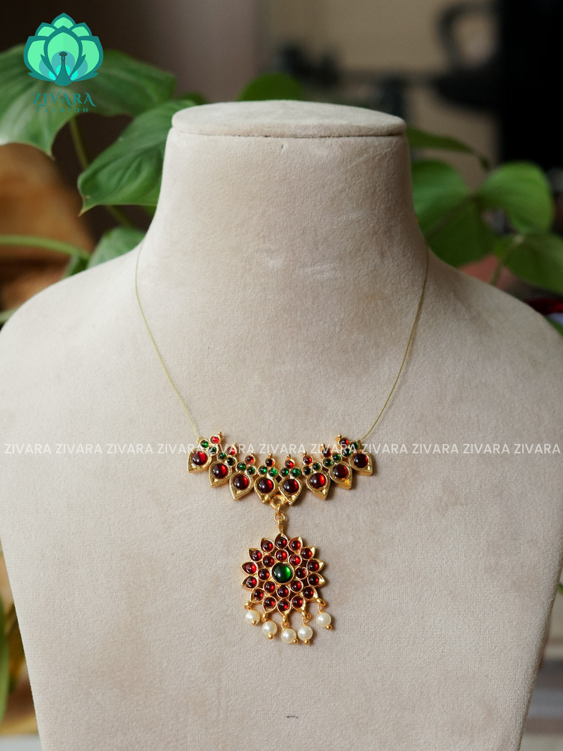 RED GREEN - MALINI- KEMP  TAMARA INVISIBLE MINIMAL ELEGANT HANDMADE NECKLACE WITH BRILLIANT FINISH MOTIFS- ZIVARA FASHION