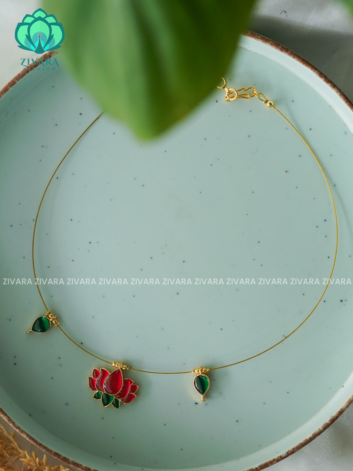 PINK AND GREEN  - TAMARA- LOTUS  INVISIBLE MINIMAL ELEGANT HANDMADE NECKLACE WITH BRILLIANT FINISH MOTIFS- ZIVARA FASHION