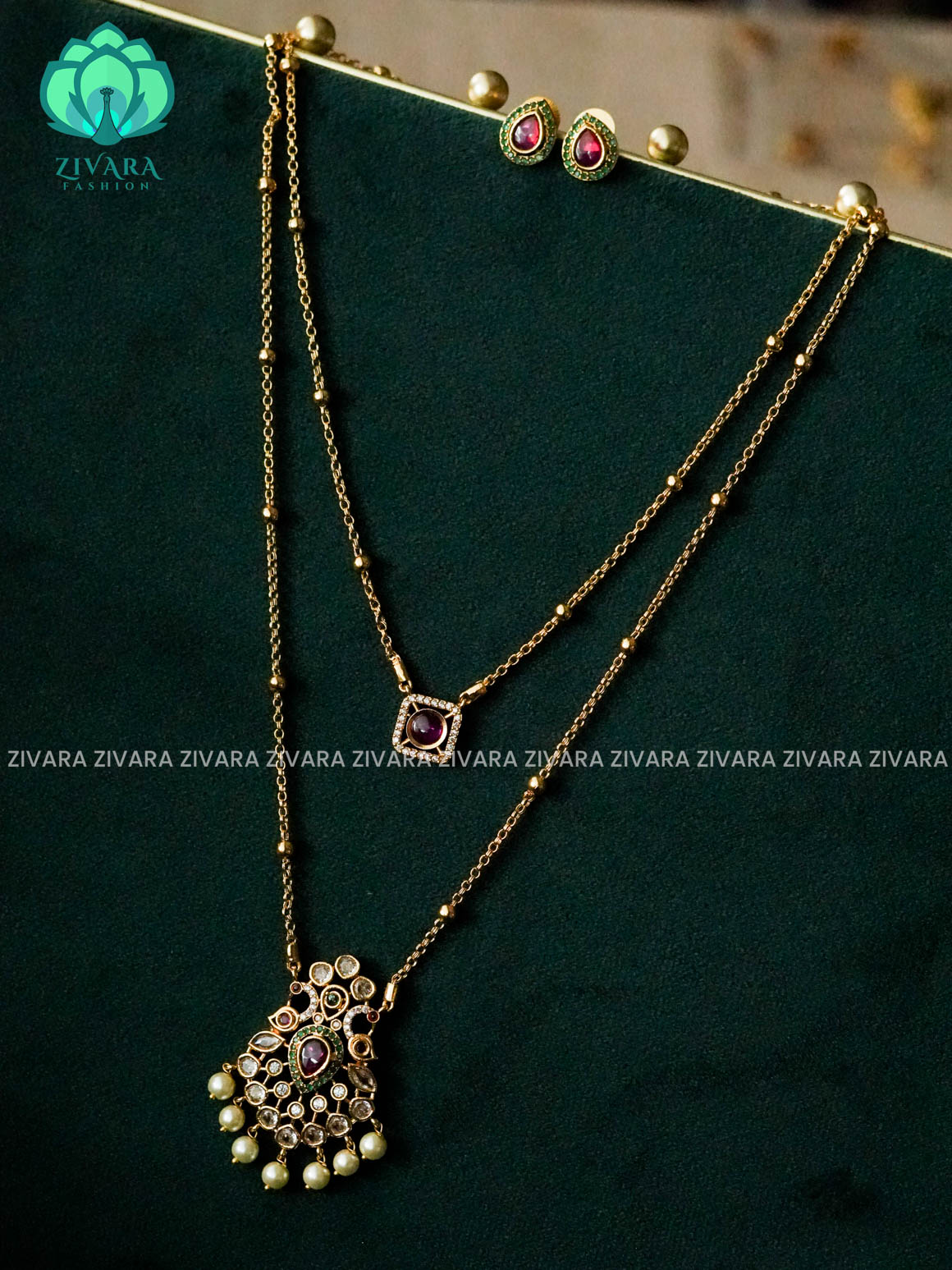RUBY GREEN - DOUBLE LAYER PEACOCK THIN PARROT CHAIN  -Traditional south indian premium neckwear with earrings- Zivara Fashion- latest jewellery design