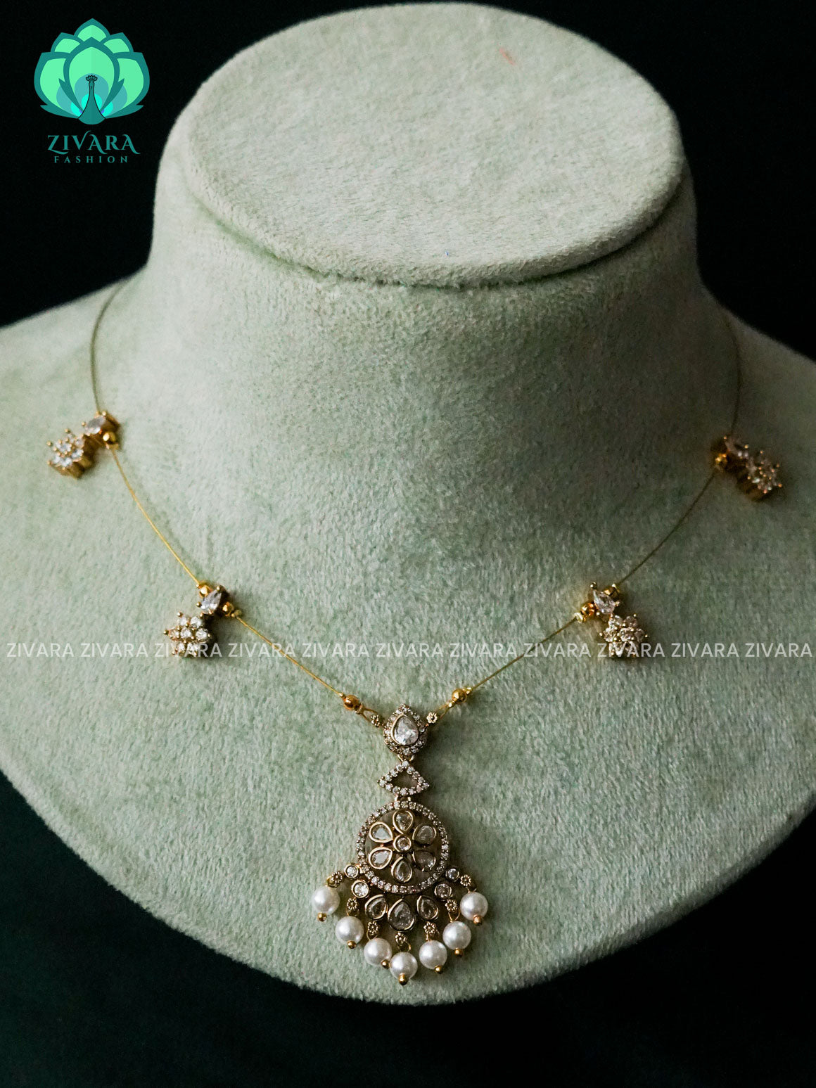 KAMALI - white stone.  -TAMARA INVISIBLE MINIMAL ELEGANT HANDMADE NECKLACE WITH BRILLIANT FINISH MOTIFS- ZIVARA FASHION