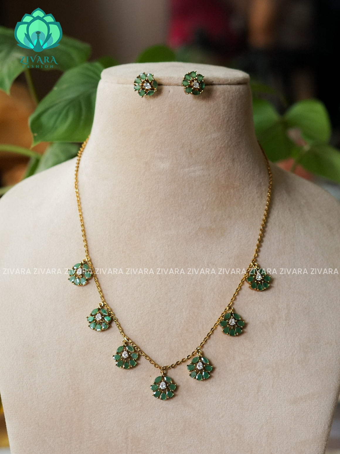 GREEN FLEXIBLE CHAIN WITH HANGING FLOWERS -Traditional south indian premium neckwear with earrings- Zivara Fashion- latest jewellery design