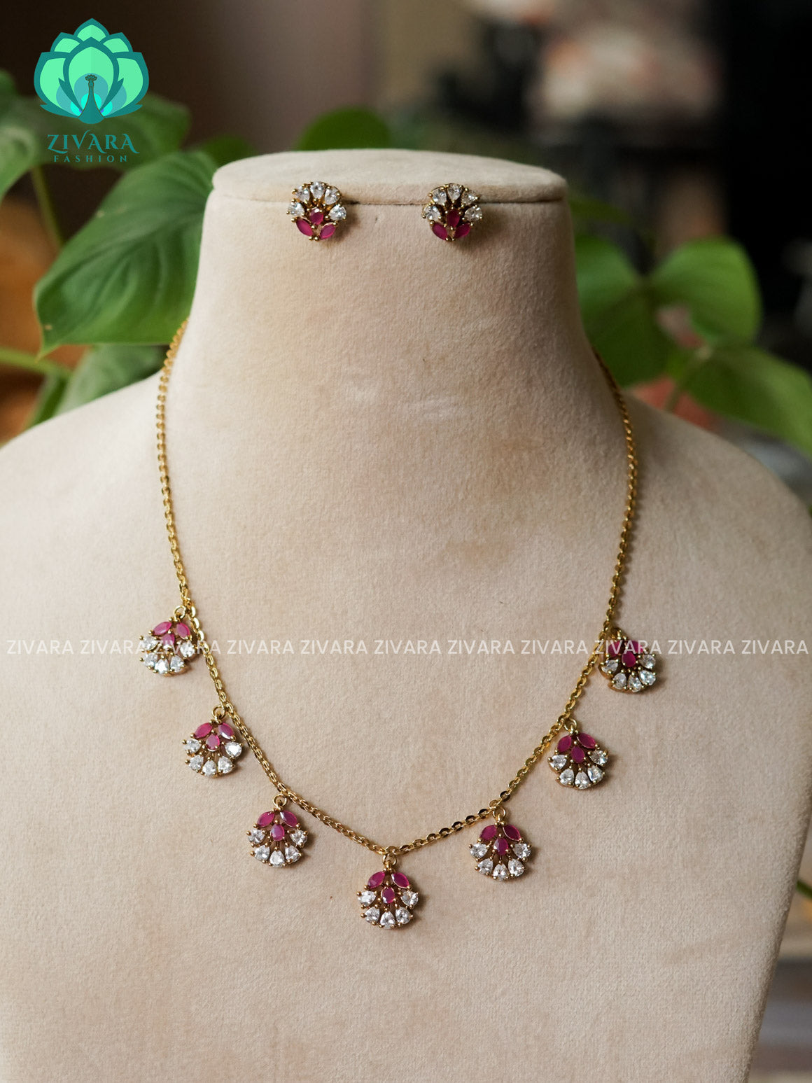 RUBY FLEXIBLE CHAIN WITH HANGING FLOWERS -Traditional south indian premium neckwear with earrings- Zivara Fashion- latest jewellery design