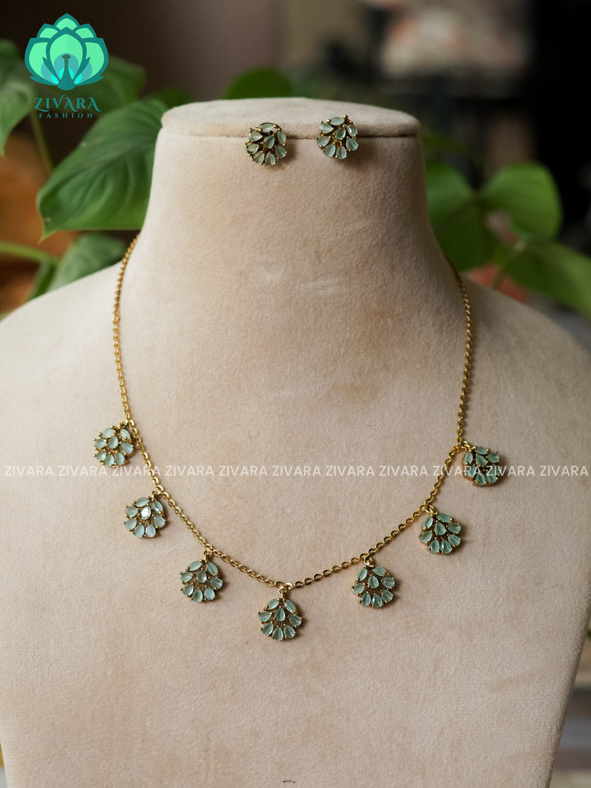 PASTEL GREEN FLEXIBLE CHAIN WITH HANGING FLOWERS -Traditional south indian premium neckwear with earrings- Zivara Fashion- latest jewellery design