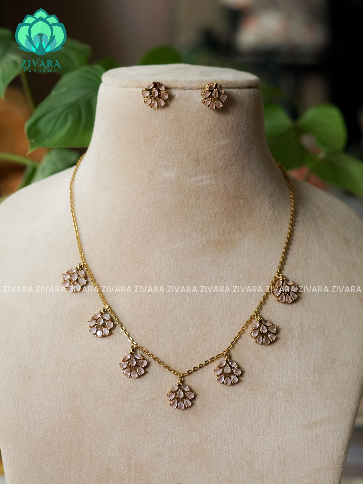 PASTEL PINK FLEXIBLE CHAIN WITH HANGING FLOWERS -Traditional south indian premium neckwear with earrings- Zivara Fashion- latest jewellery design