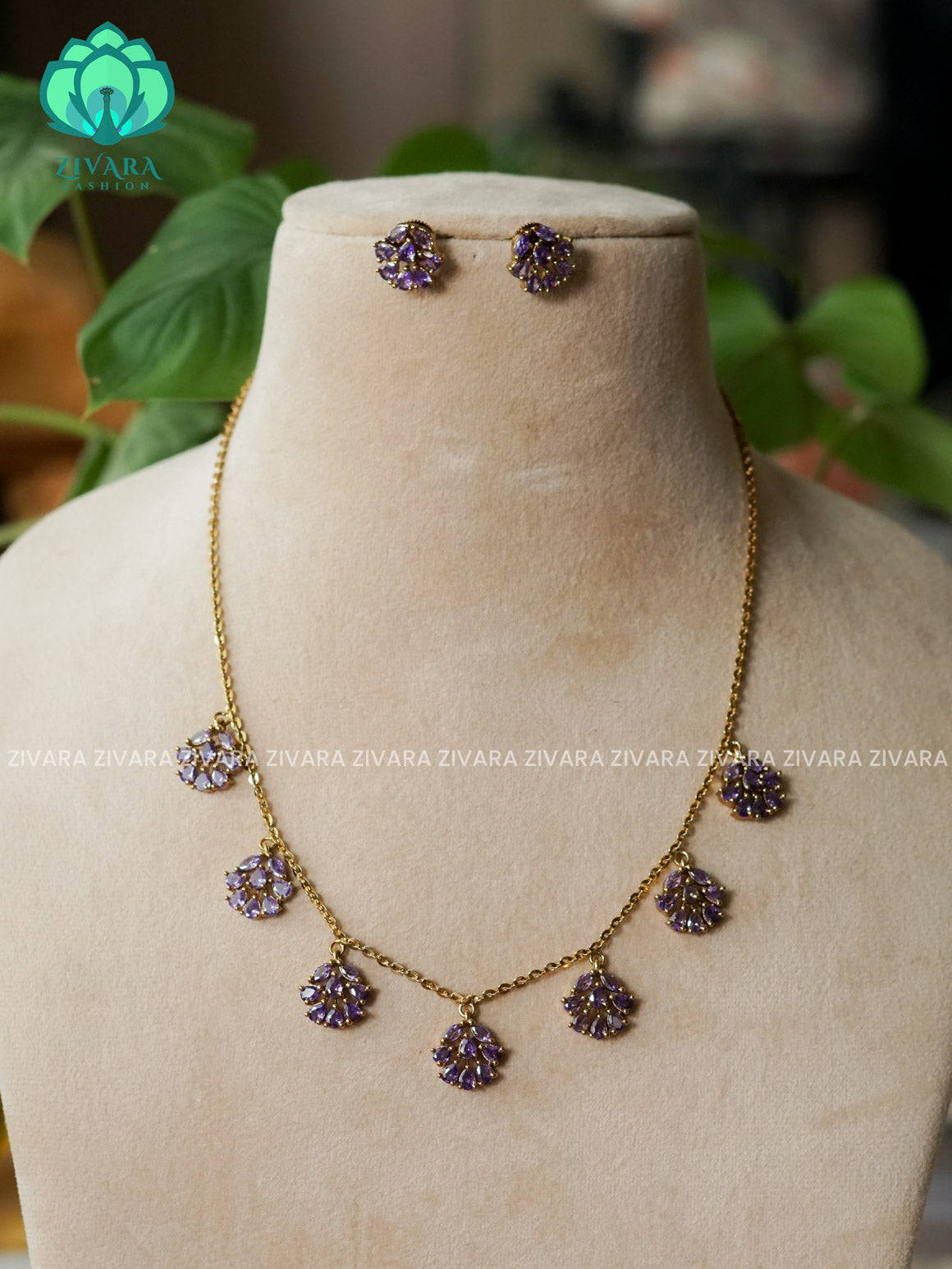 PURPLE FLEXIBLE CHAIN WITH HANGING FLOWERS -Traditional south indian premium neckwear with earrings- Zivara Fashion- latest jewellery design.