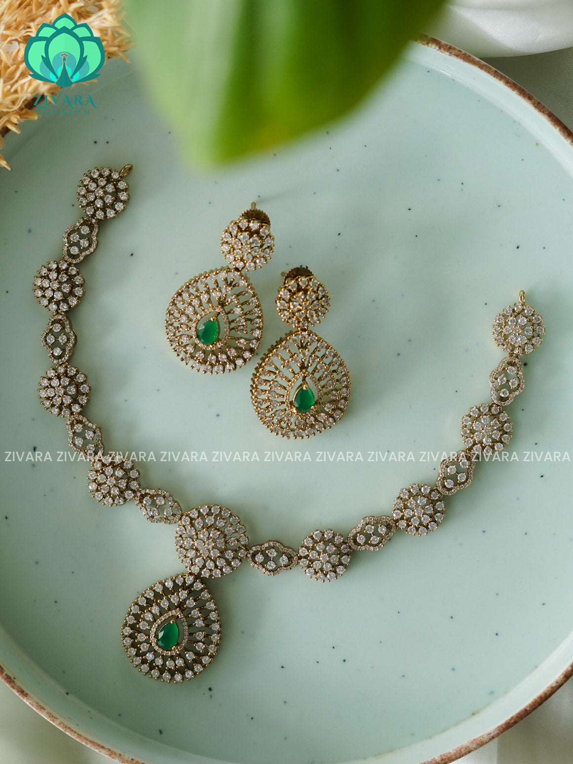 GREEN-  TEAR PENDANT WHITE STONE  - stylish and minimal elegant neckwear with earrings- Zivara Fashion