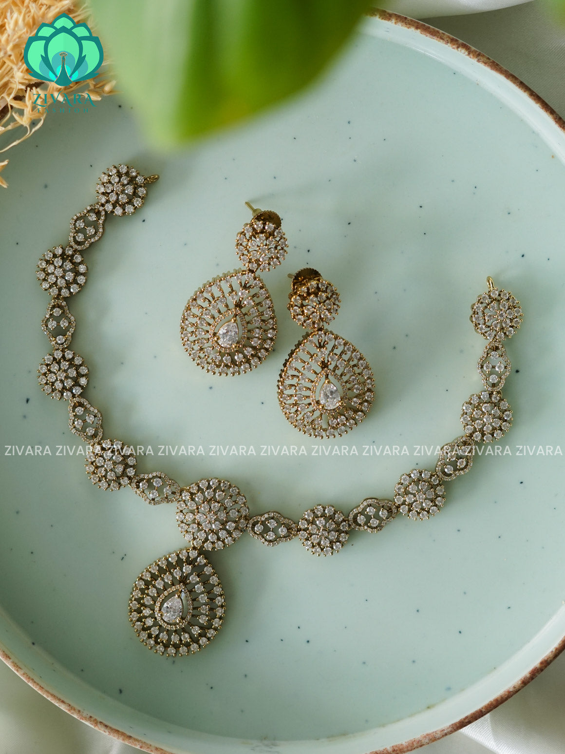 WHITE - TEAR PENDANT WHITE STONE  - stylish and minimal elegant neckwear with earrings- Zivara Fashion