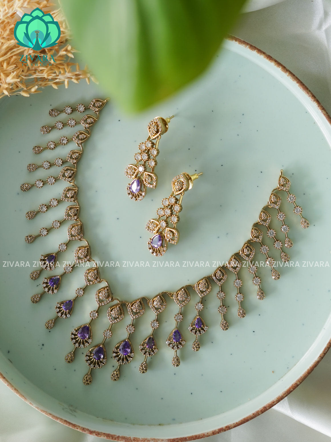 PURPLE TEAR DIAMOND REPLICA - stylish and minimal elegant neckwear with earrings- Zivara Fashion