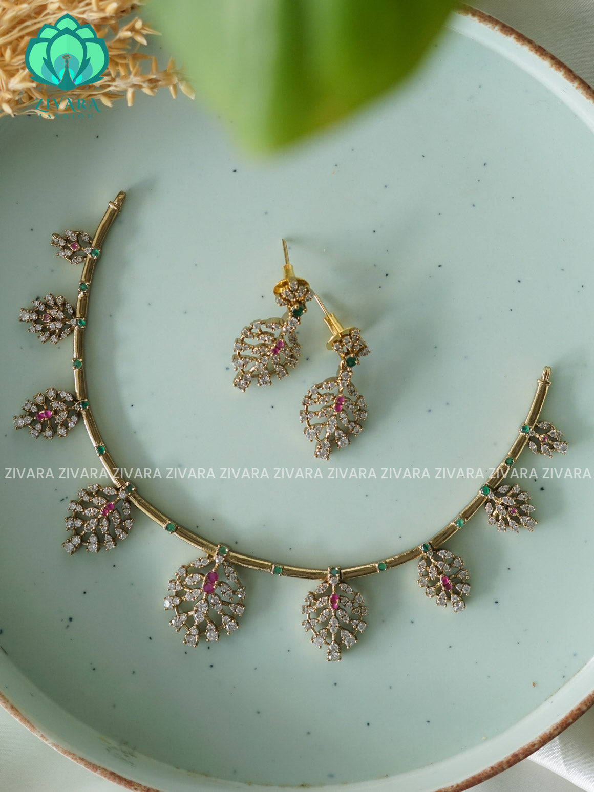 RUBY White stone LEAF  - stylish and minimal elegant neckwear with earrings- Zivara FashION