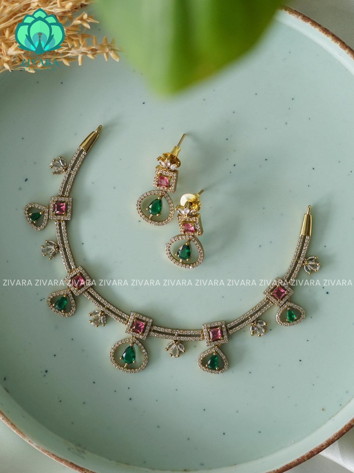 RUBY GREEN TEAR SIMPLE FLORAL - stylish and minimal elegant neckwear with earrings- Zivara FashioN