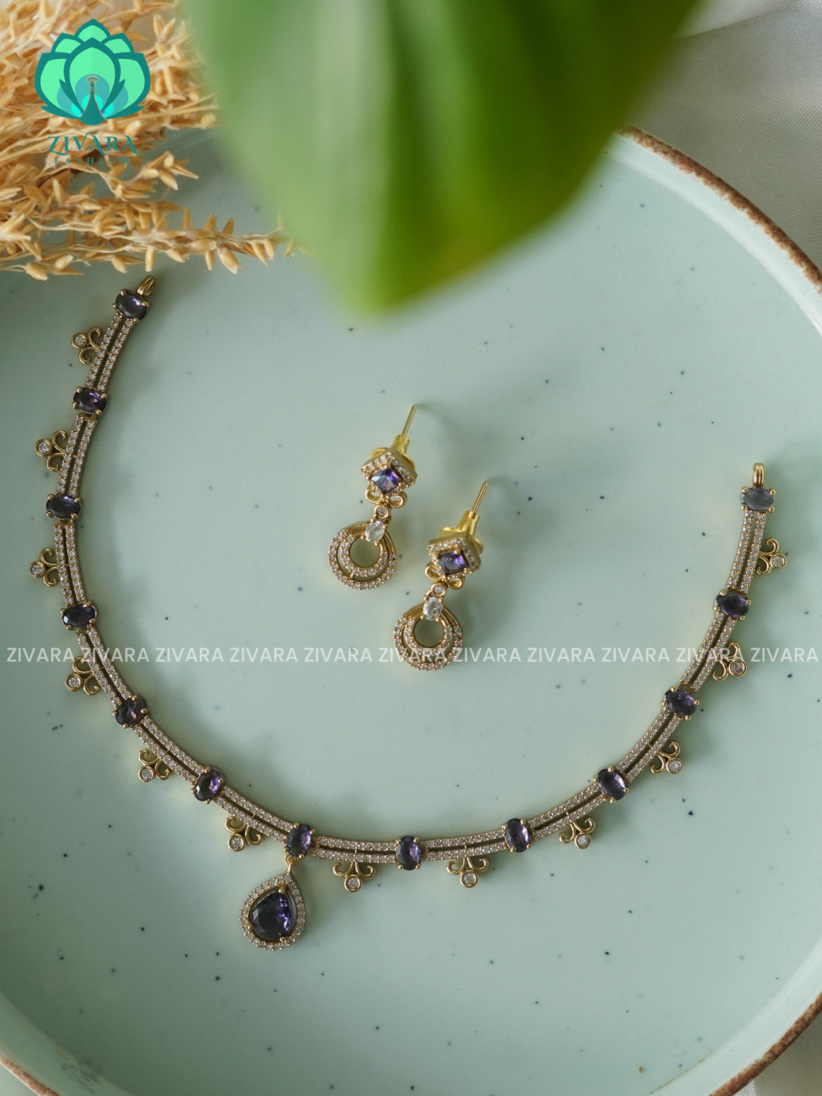 PURPLE TEAR SIMPLE FLORAL - stylish and minimal elegant neckwear with earrings- Zivara Fashion
