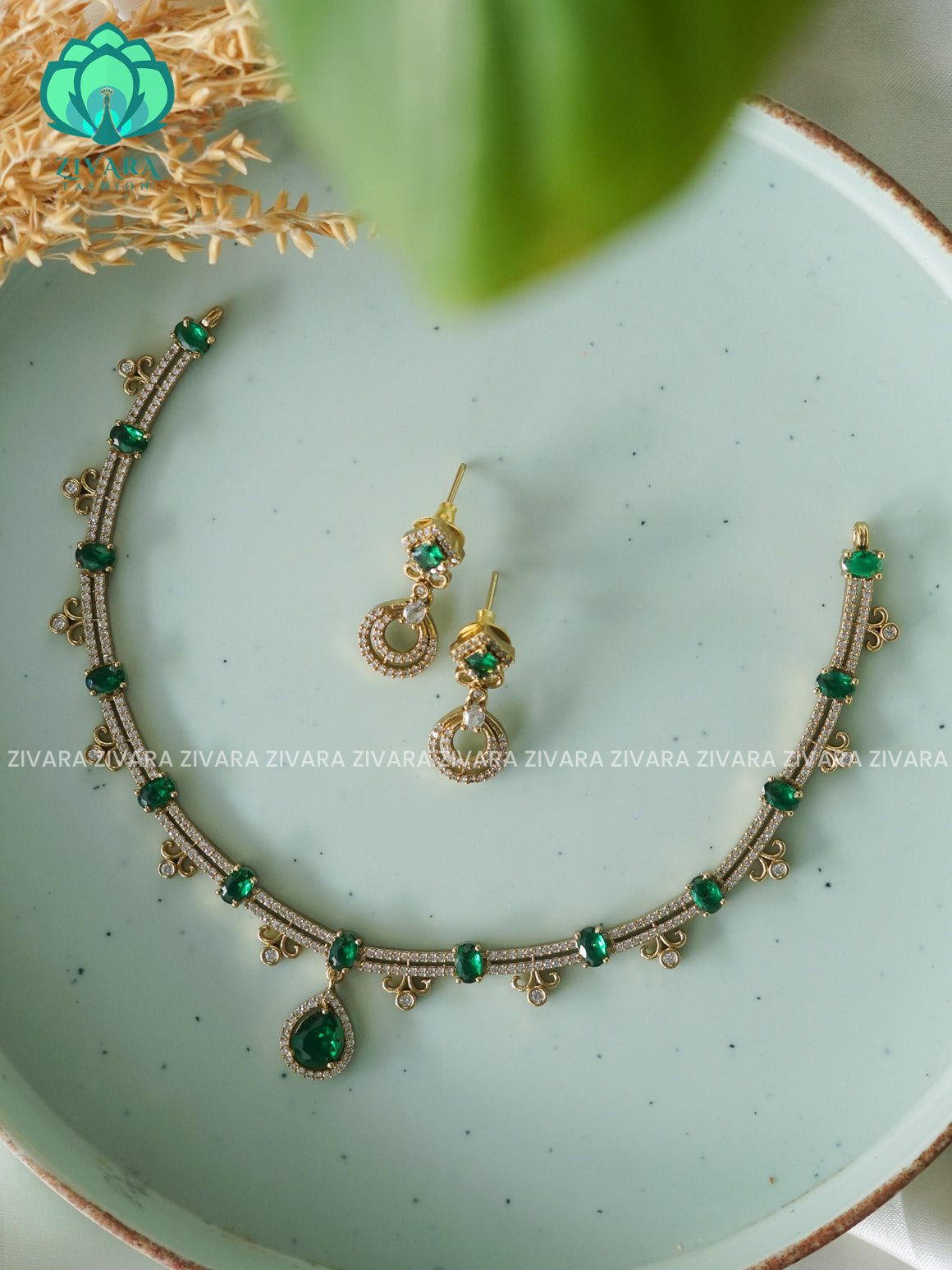 GREEN TEAR SIMPLE FLORAL - stylish and minimal elegant neckwear with earrings- Zivara Fashion