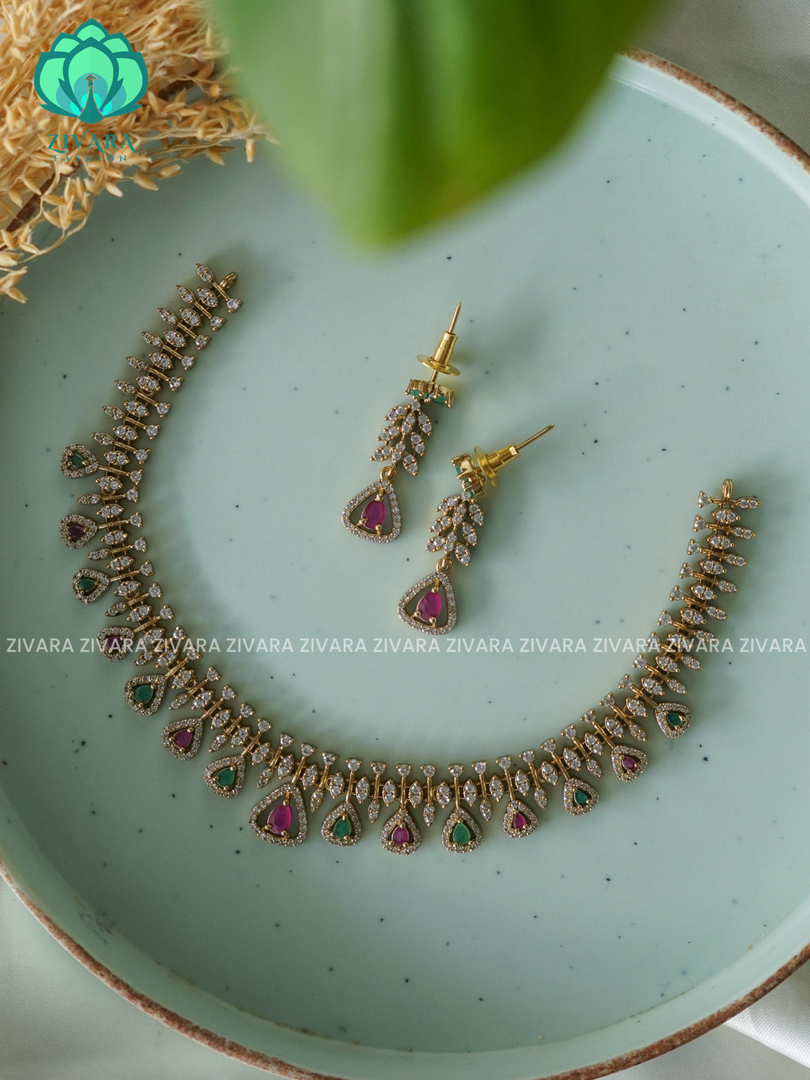 RUBY GREEN MOTIF FREE  - stylish and minimal elegant neckwear with earrings- Zivara FashioN