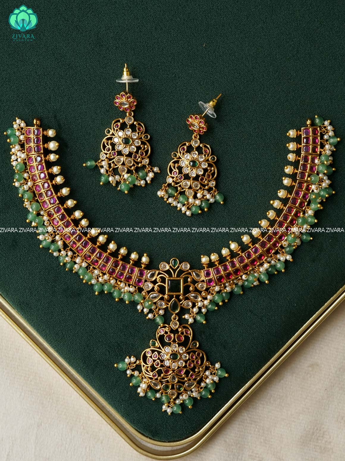 AKSHAYAM -  REAL KEMP NECKWEAR WITH GREEN BEADS HANGINGS  - Traditional south indian premium neckwear with earrings- Zivara Fashion- latest jewellery design