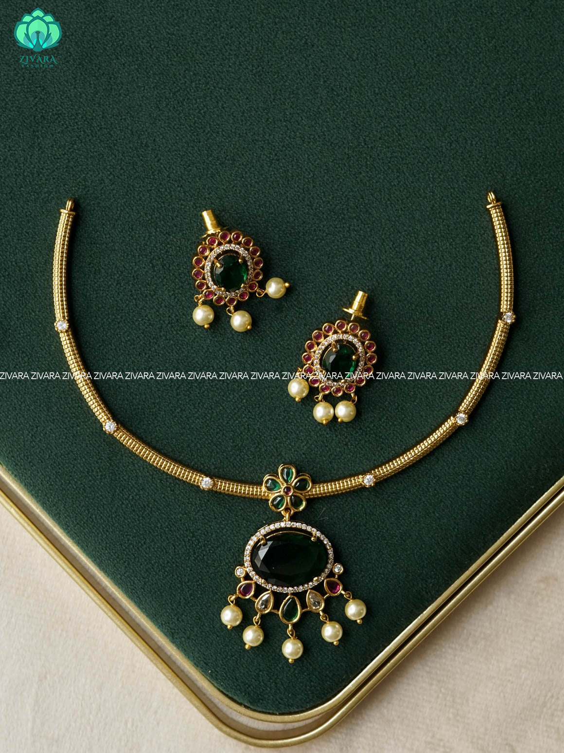 GREEN STONE OVAL PENDANT - HASLI - stylish and minimal elegant neckwear with earrings- Zivara Fashion