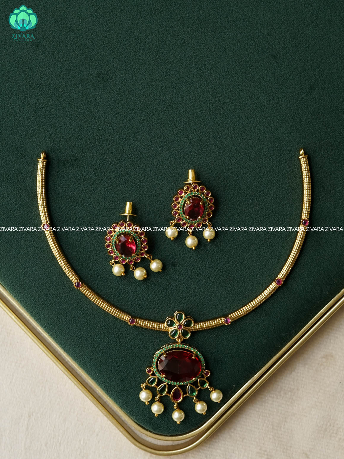 RUBY AND GREEN OVAL PENDANT - HASLI - stylish and minimal elegant neckwear with earrings- Zivara Fashion