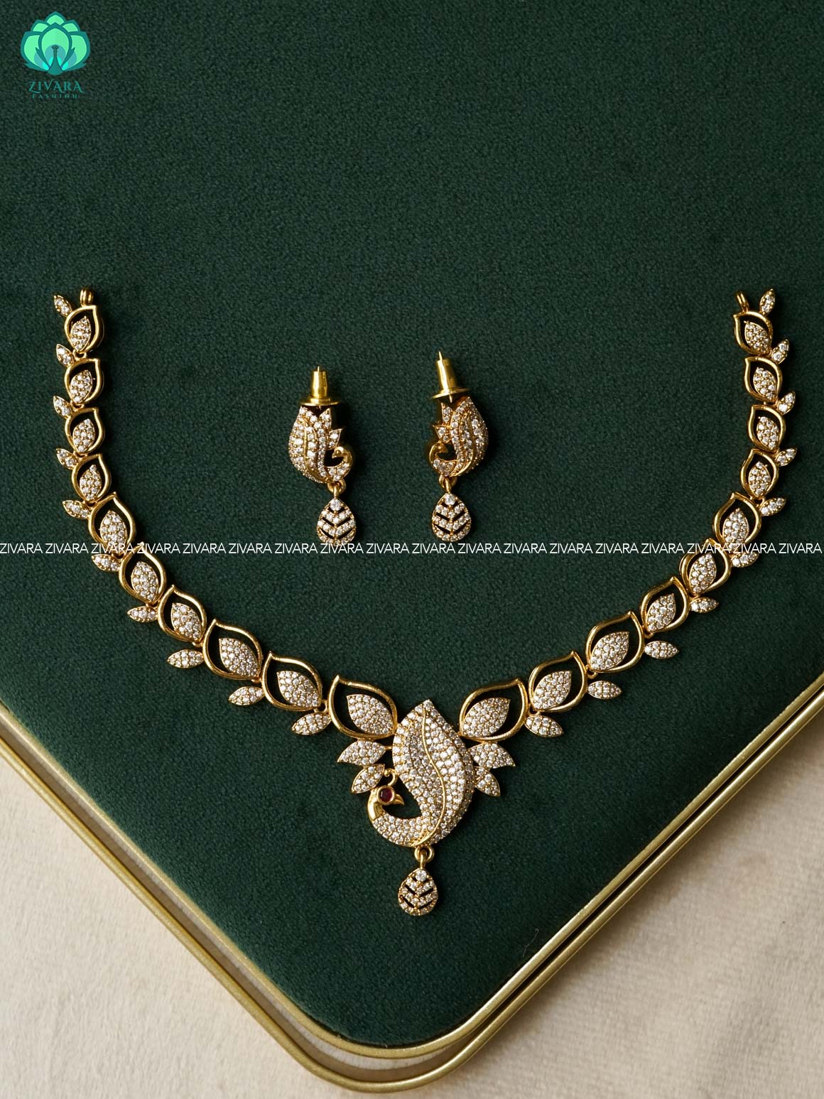 Kanya - WHITE STONE SIMPLE PEACOCK DIAMOND REPLICA NECKWEAR- SUBTLE POLISH stylish and minimal elegant neckwear - Zivara Fashion