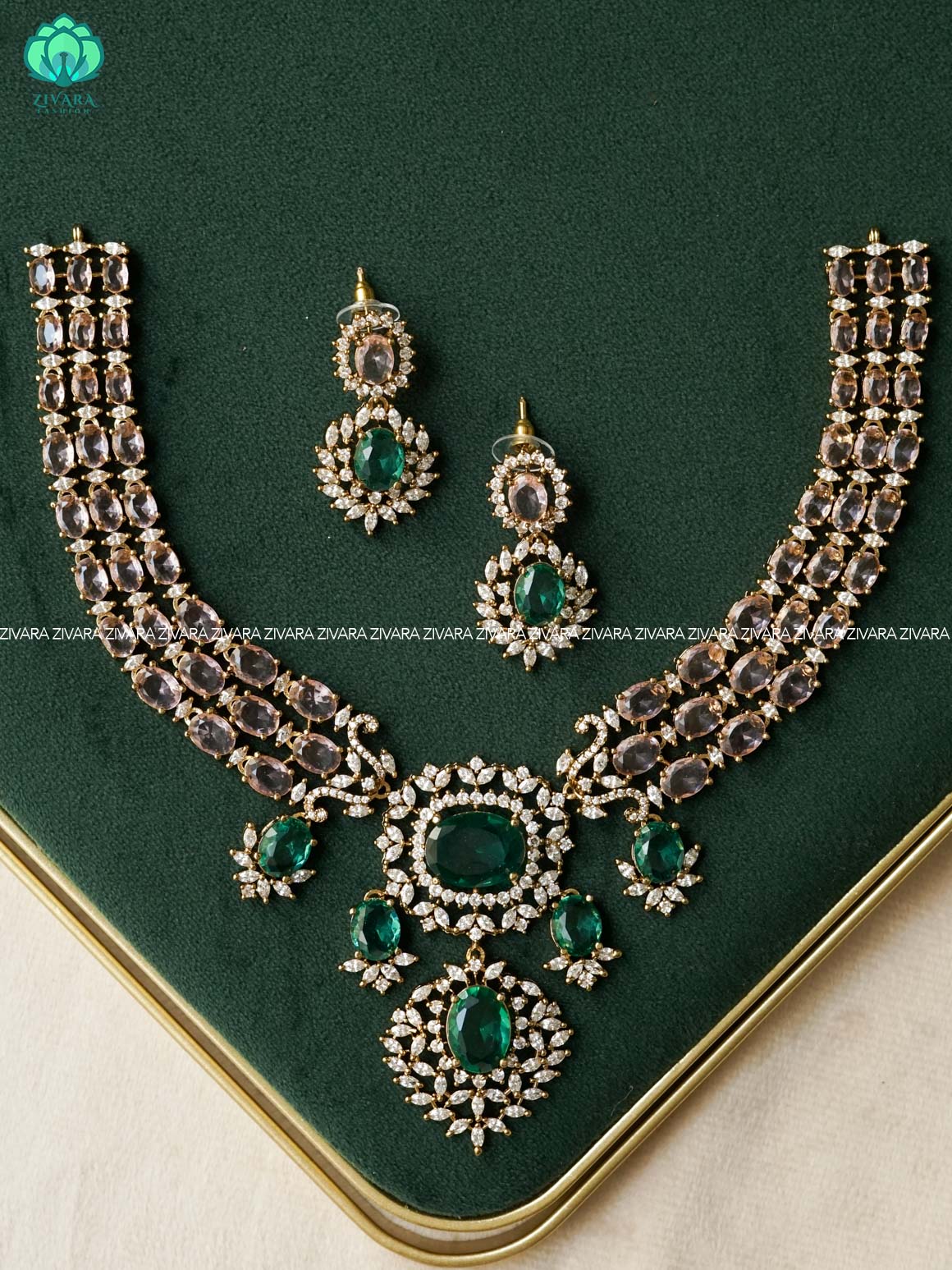 Pastel pink and emerald green stylish and minimal elegant neckwear with earrings- Zivara Fashion