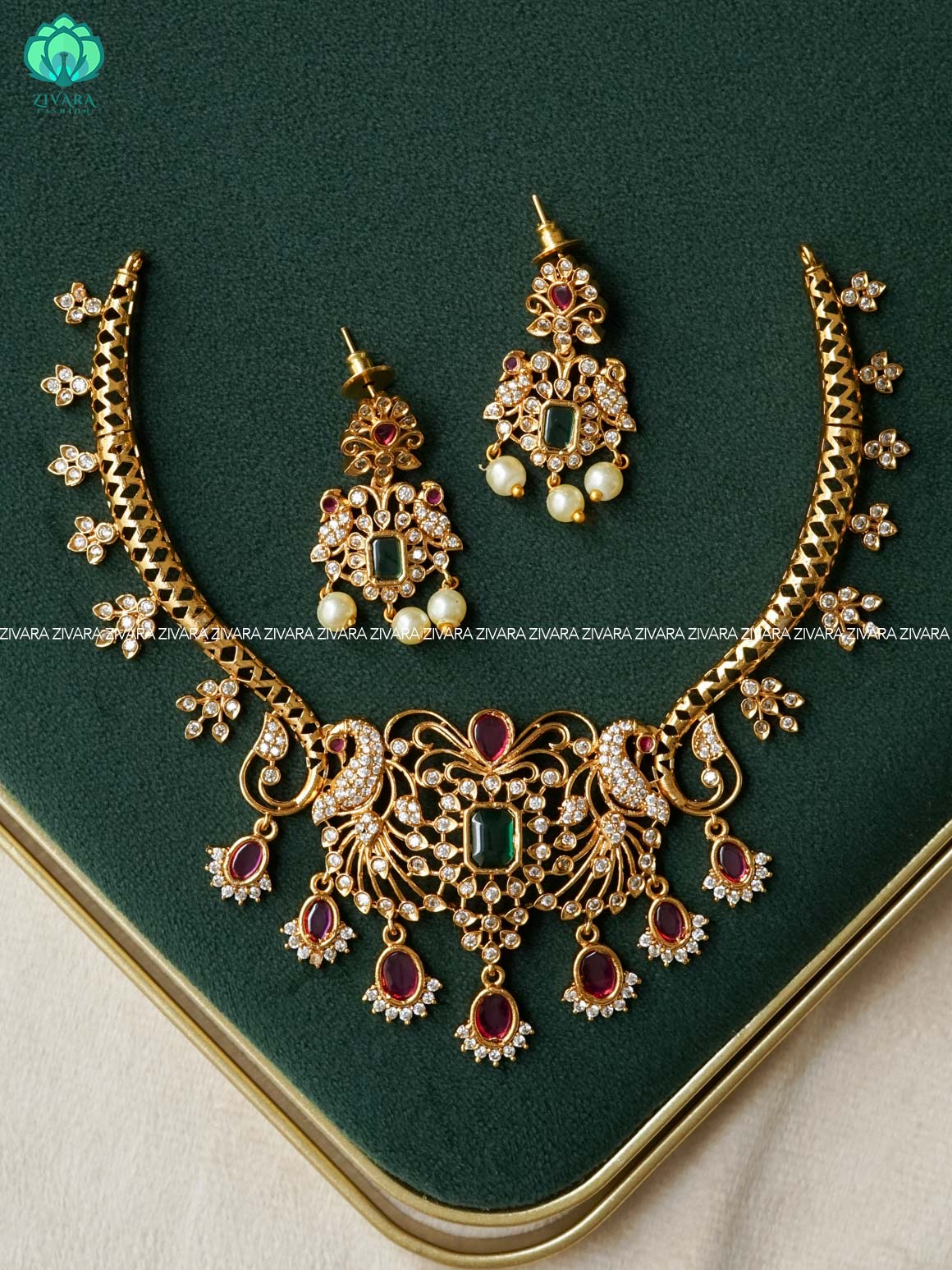 RUBY GREEN PEACOCK HASLI  - stylish and minimal elegant neckwear with earrings- Zivara Fashion