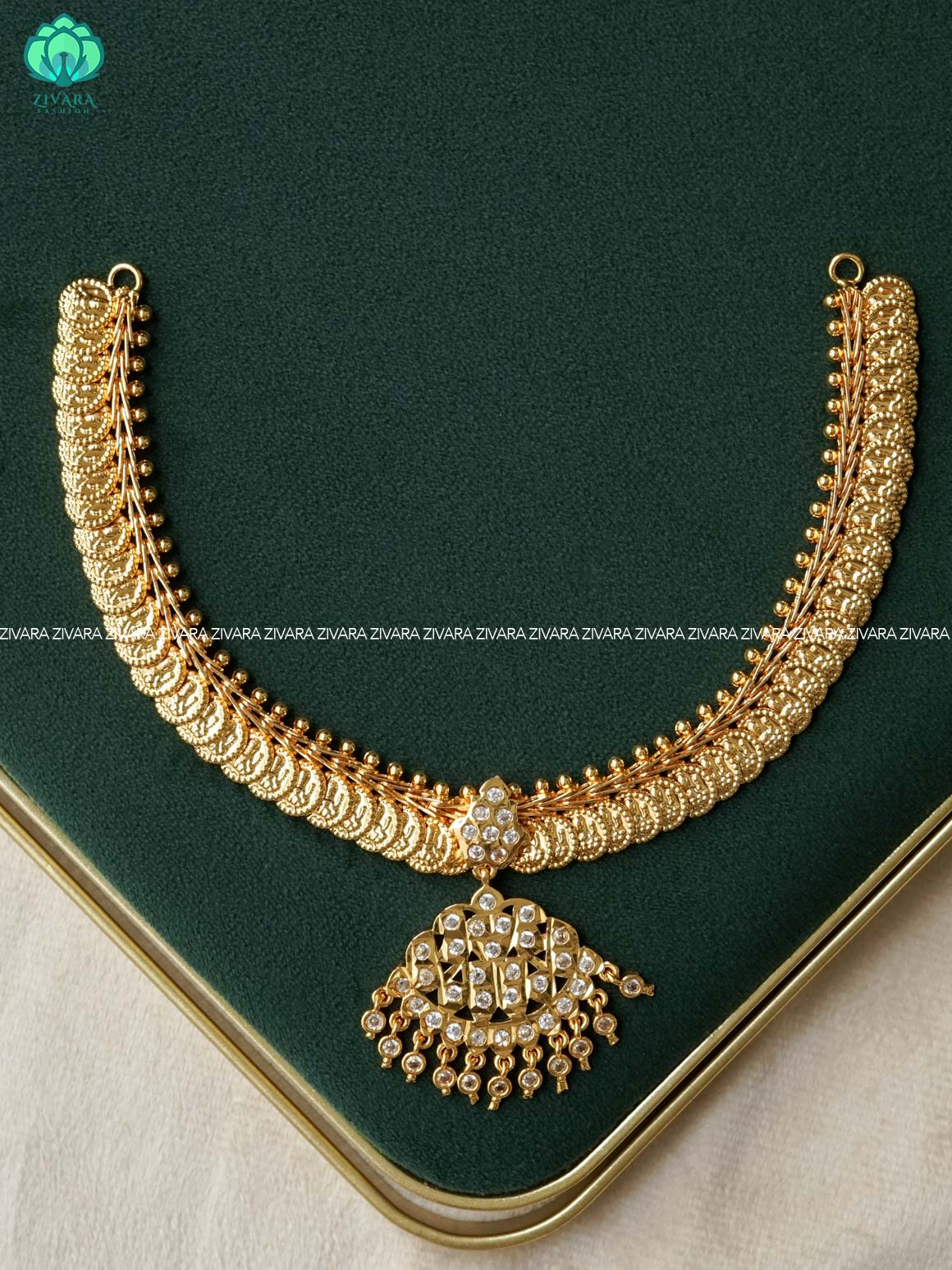 AMBIGAI-  WHITE STONE COIN  MICROGOLD POLISH ATTIGAI WITHOUT EARRING - Zivara Fashion- latest jewellery design