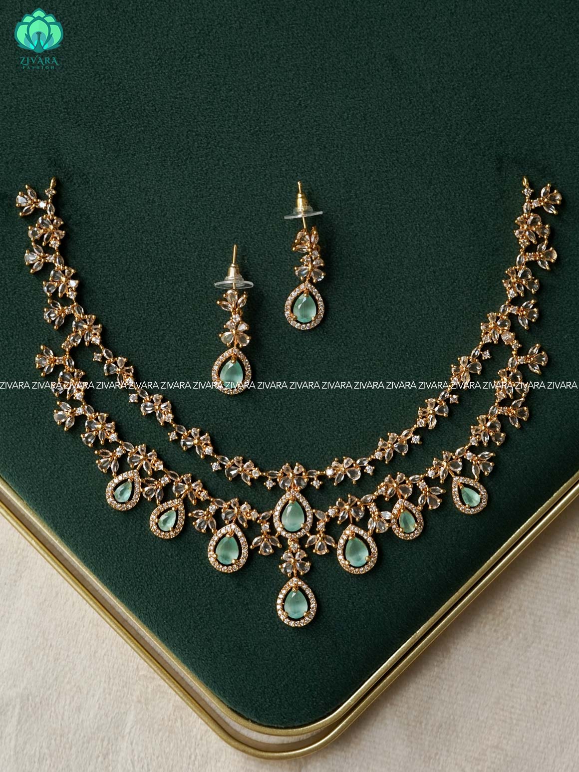 PASTEL GREEN STONE STEP - stylish and minimal elegant neckwear with earrings- Zivara Fashion
