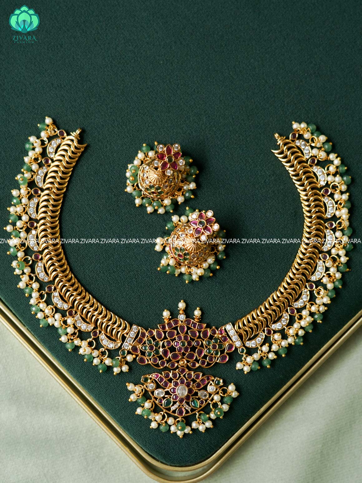 AKSHAYAM - GREEN BEADS PEACOCK HEAVY REAL KEMP  BRIDAL HASLI -Traditional south indian premium neckwear with earrings- Zivara Fashion- latest jewellery design