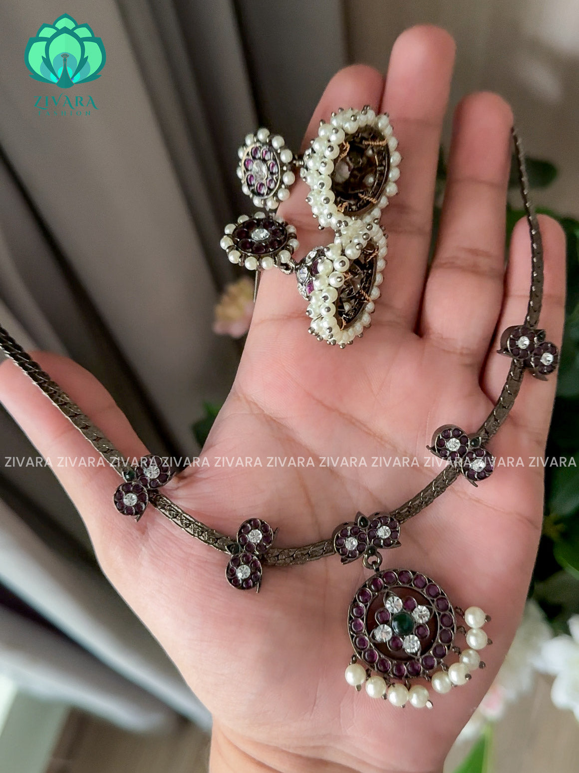 MATHANGI- NECKLACE AND JHUMKA- REAL KEMP BHARATHANATYAM DANCE PREMIUM JEWELLERY (PREORDER WITH 3 TO 10 DAYS DISPATCH TIME)