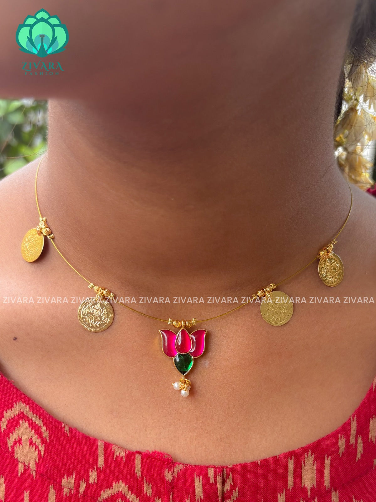 KAMALI - PINK GREEN LOTUS WITH COIN - TAMARA INVISIBLE MINIMAL ELEGANT HANDMADE NECKLACE WITH BRILLIANT FINISH MOTIFS- ZIVARA FASHION