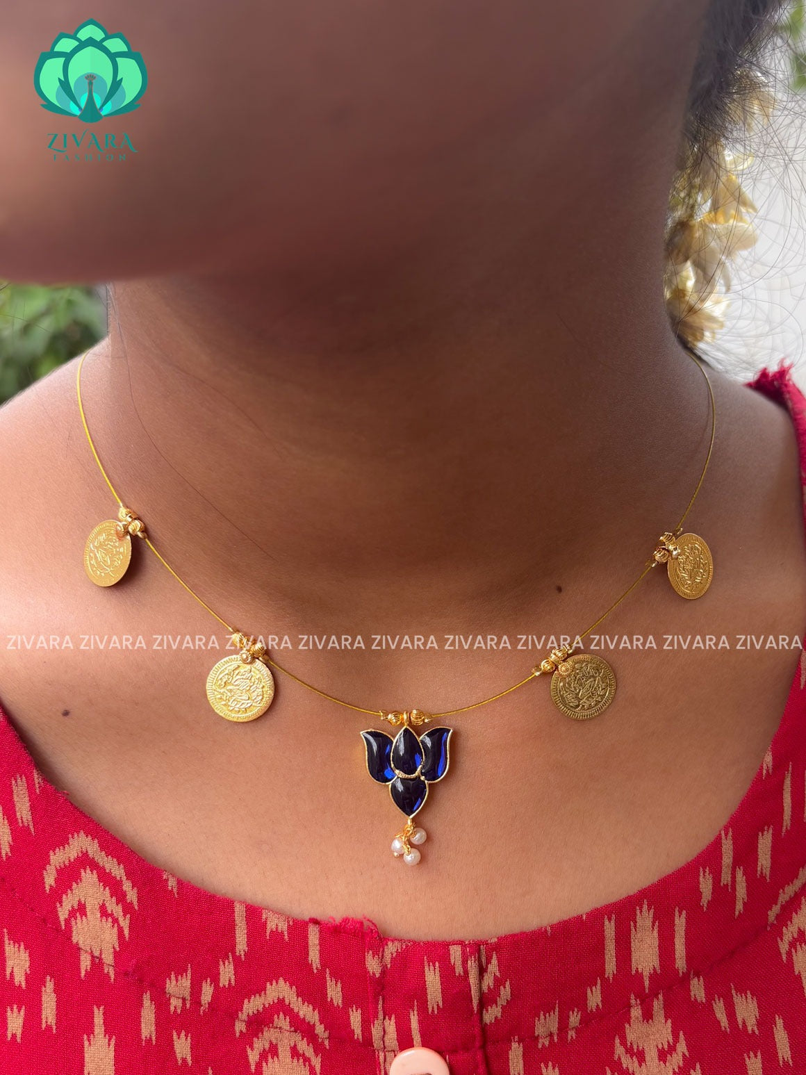 KAMALI - BLUE LOTUS WITH COIN - TAMARA INVISIBLE MINIMAL ELEGANT HANDMADE NECKLACE WITH BRILLIANT FINISH MOTIFS- ZIVARA FASHION