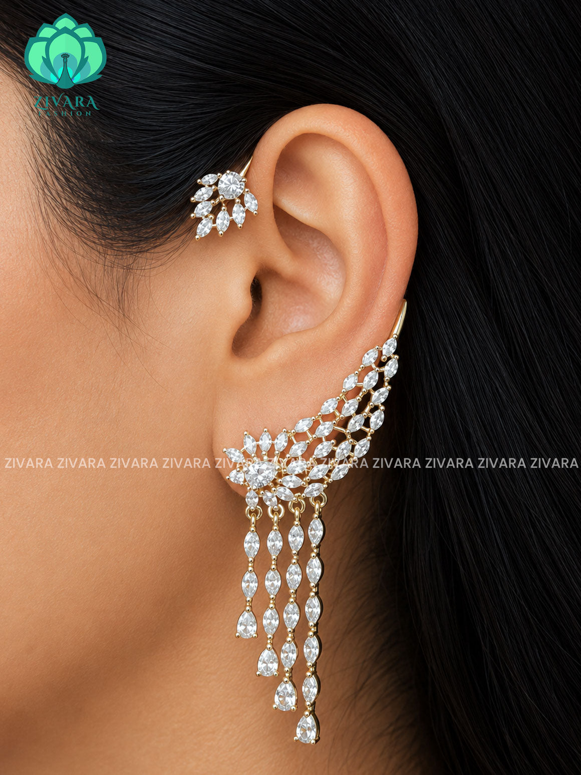 Zyra- Rhodium polish  - STYLISH SEMI EARCUFF latest jewellery collection- zivara fashion