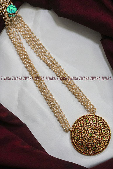 Jeevitha - Traditional kemp neckwear with pearl bunch chains-south indian kemp neckwear for women