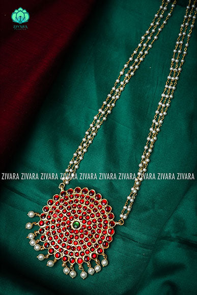 Chaya - Traditional kemp haaram with pearl bunch chain-south indian kemp neckwear for women
