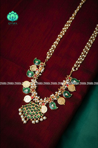 Maya- Traditional kemp guttapusalu type necklace with pearl beads-south indian kemp neckwear for women