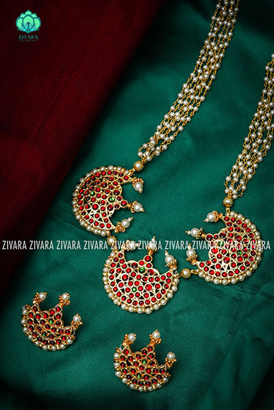 Vembu - Traditional three moon neckwear with pearl bunch - south indian kemp neckwear for women